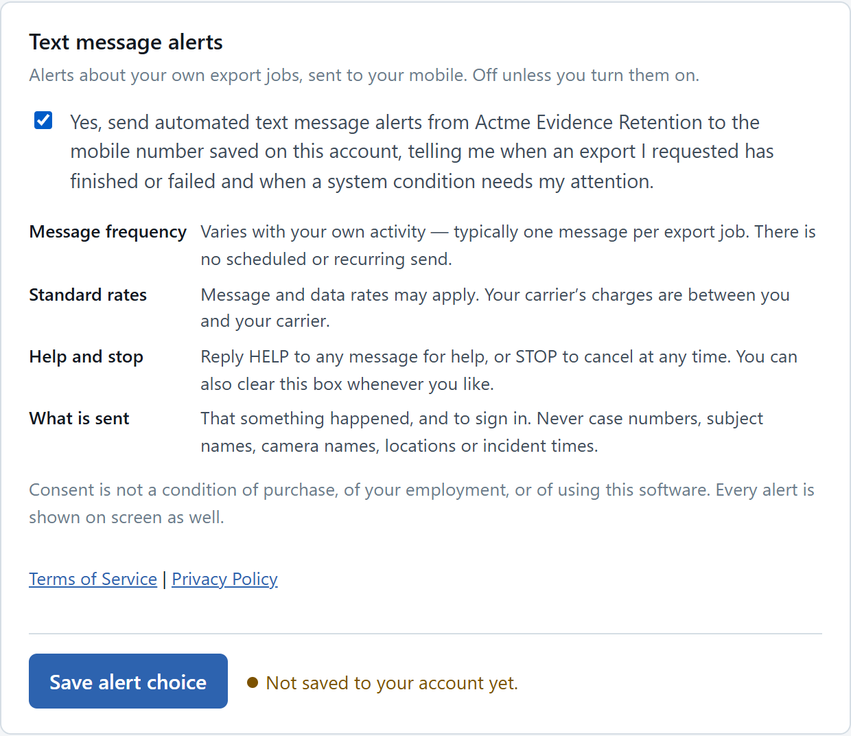 The same panel with the consent checkbox now checked, the save button active, and a note reading: Not saved to your account yet.